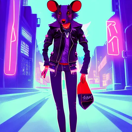 Image similar to beautiful furry digital art portrait commission of an androgynous furry anthro rat fursona wearing punk clothes in the streets of a cyberpunk city. neon signs. character design by charlie bowater, ross tran, artgerm, and makoto shinkai