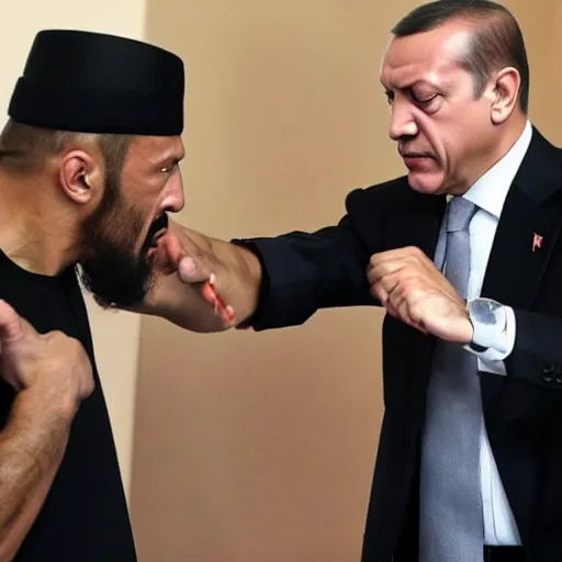 Image similar to The Rock and Recep Tayyip Erdogan fighting in a mosque