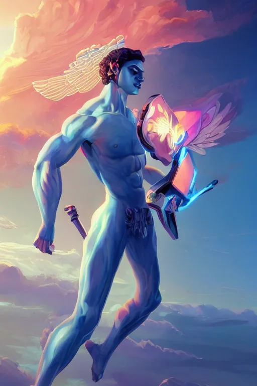 Image similar to highly detailed, dynamic pose, the handsome greek god hermes, wearing winged helmet, giving a glowing laptop computer to humanity, clouds of glowing binary code, digital painting bioluminance alena aenami artworks in 4 k design by lois van baarle by sung choi by john kirby artgerm style pascal blanche and magali villeneuve