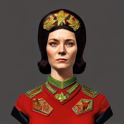 Image similar to a portrait of a female hero of the soviet union, upper half portrait, decorated with soviet motifs, intricate, elegant, highly detailed, symmetry, headpiece, disco elysium style