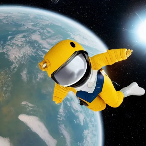 Image similar to A little duckling floating in space with an astronaut suit, 4k, photograph, photoreal, realistic, highly detailed, epic lighting, awar winning