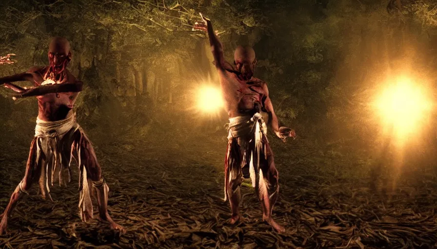 Image similar to screen shot of baraka, ambient lighting, cinematic, epic, demonic dance, chanting, forest