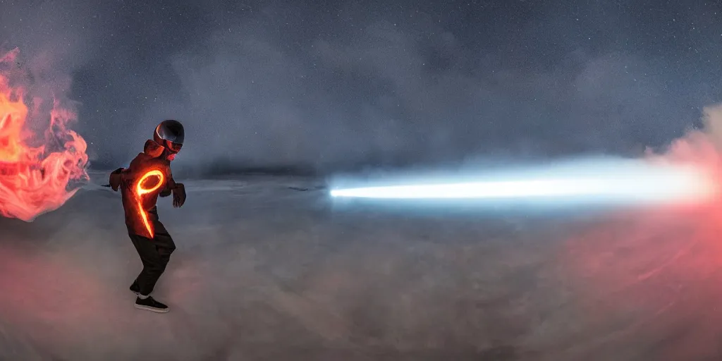 Image similar to fisheye slow motion with trail fire and smoke effect of futuristic break dancer wearing long dark cloak and golden helmet emitting fire, long exposure shot , enigmatic, at night in the middle of the arctic with red light A letter, paddle of water, steam, fog, water splashes, rim lights, glossy reflections, water droplets on lens, octane render, Volumetric dynamic lighting, stunning cover magazine, high details, hajime sorayama