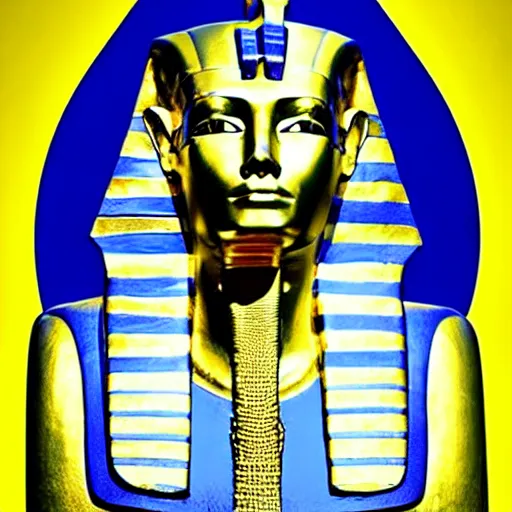 Image similar to a pharaoh with the face of donald trump, majestic, blue, red, powerful