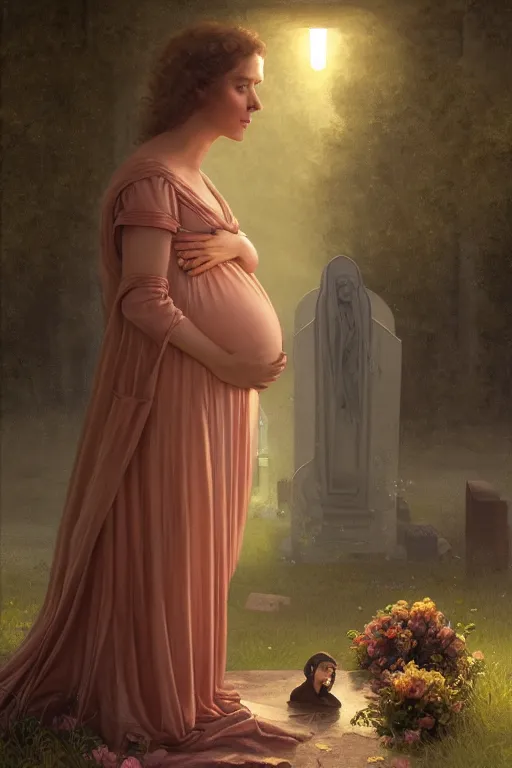 Image similar to portrait of a pregnant widow next to the grave, illustration, dramatic lighting, soft details, painting oil on canvas, art deco, octane render, HDR, 4k, 8k, HD, by Edmund Blair Leighton, Brom, Charlie Bowater, trending on artstation, faces by Tom Bagshaw, Sargent