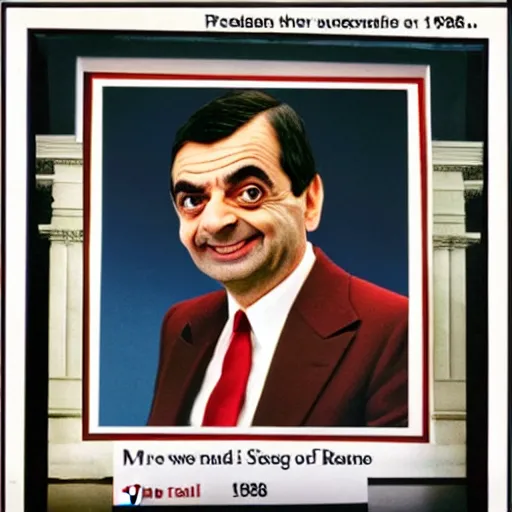 Image similar to Mr Bean elected as the president of the United States, 1980 colour photo