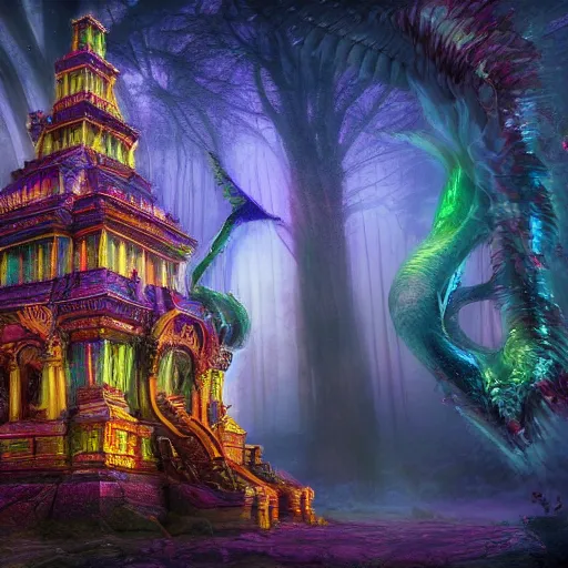 Prompt: a biggest temple of the universe in the magical world, magical creatures worshipping their god, sharp image , photo realistic, foggy ,hyperreal, hyperdetailed, 8k , glowing effect