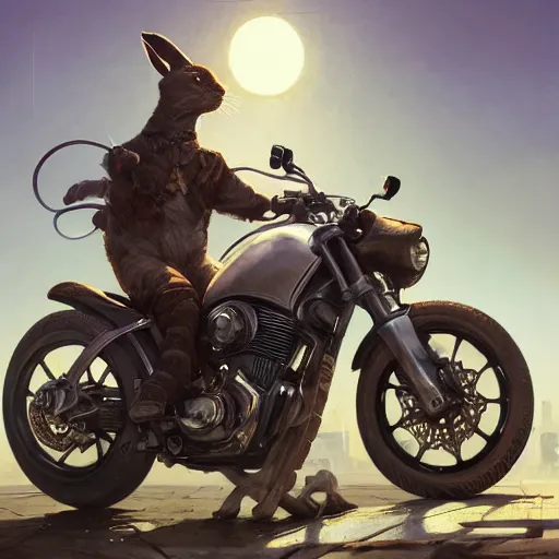 Image similar to highly detailed portrait of a biker rabbit in gta v, stephen bliss, unreal engine, fantasy art by greg rutkowski, loish, rhads, ferdinand knab, makoto shinkai and lois van baarle, ilya kuvshinov, rossdraws, tom bagshaw, global illumination, radiant light, detailed and intricate environment