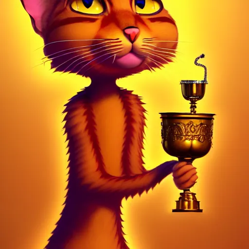 Image similar to fullbody!! personification of garfield the cat as a goddess holding a blood chalice and lasagna, detailed, stunning, cat face, hyperrealistic, trending on artstation, smooth and sharp, intricate, fine details, highly detailed, elegant, angular, altermodern, radiant light, detailed and intricate environment, professional character concept art by tatyana kupriyanova