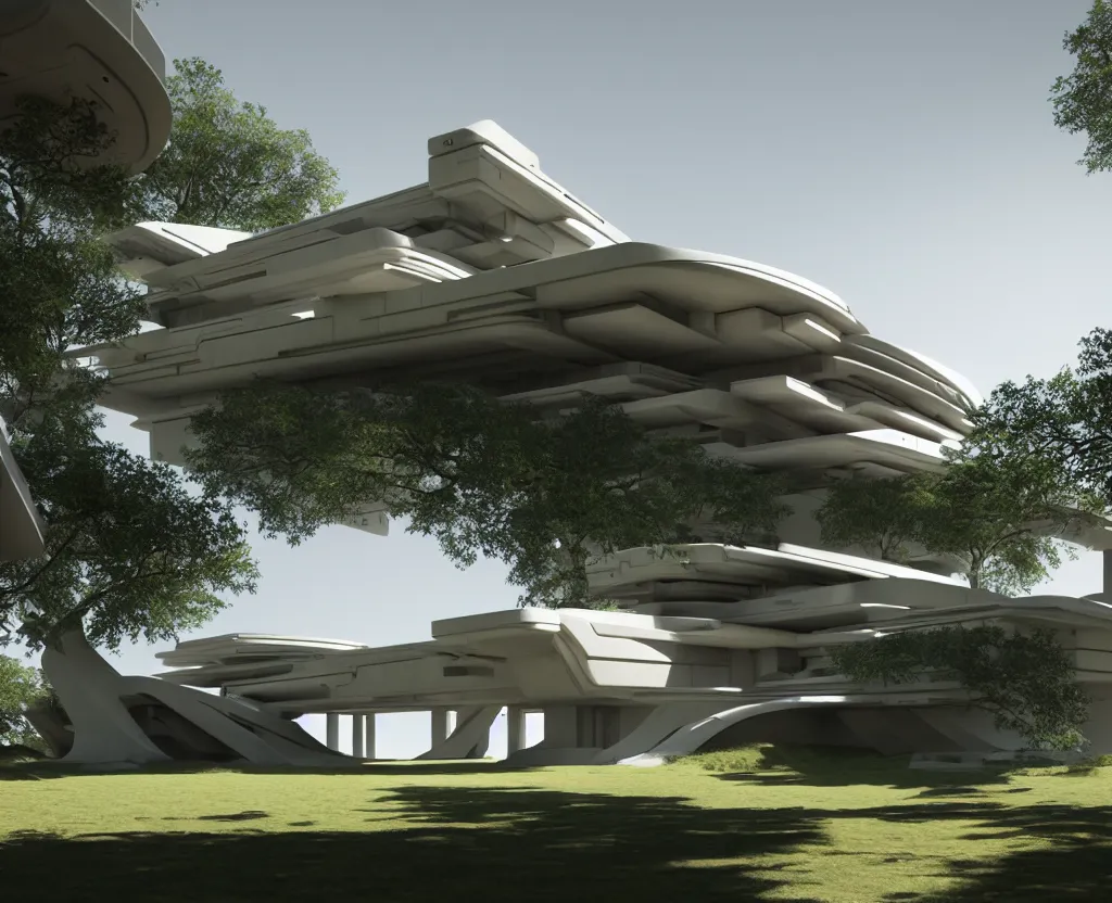 Image similar to futuristic sci-fi articulate rural architectural masterpiece by frank Lloyd wright and Zaha hadid, detailed, octane render, photo realism, 3D, ray tracing, photo realism