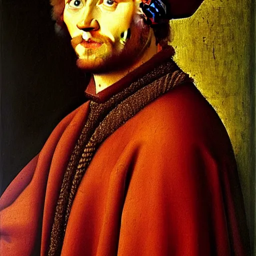 Image similar to portrait of the son of health ledger christ pratt leonardo dicaprio, oil painting by jan van eyck, northern renaissance art, oil on canvas, wet - on - wet technique, realistic, expressive emotions, intricate textures, illusionistic detail