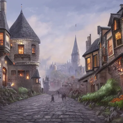 Image similar to elegant fantasy capital city, in the foreground sprawling houses and shops lining the crowded streets. in the background is a large stone castle with several tall spires. view from the ground looking from a street towards the castle. realistic, highly detailed painting concept art style 4 k