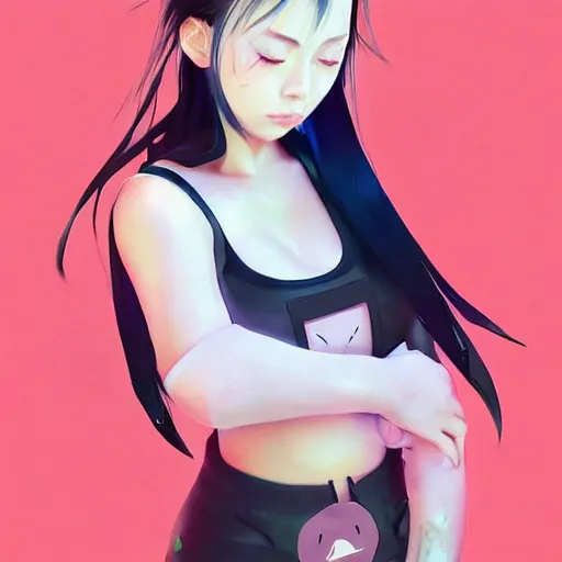 Image similar to a beautiful young japanese billie eilish hitomi tanaka alluring instagram model in elaborate latex tank top, jrpg tank top made from latex demon faces, by guweiz and wlop and ilya kuvshinov and artgerm and, aesthetic, gorgeous, stunning, alluring, attractive, artstation, deviantart, pinterest, digital art