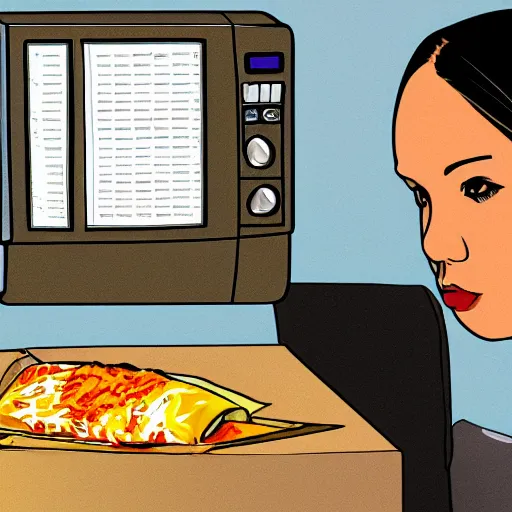 Image similar to secretary heating a burrito in the office staff room microwave, digital art, highly detailed, epic composition