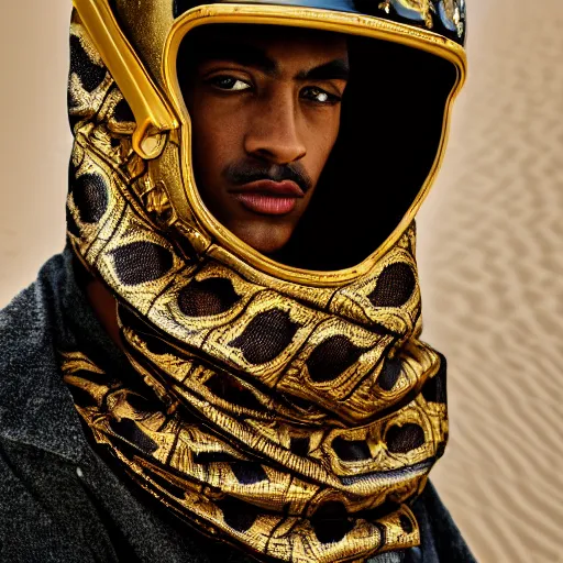 Prompt: Close up Portrait 105mm f2.8 of a Versace editorial model with reflective ornate gold color blocks helmet mask scarf detailed in sand dunes in the Grand Budapest Hotel