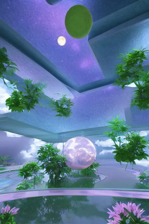 Image similar to multi level botanical garden spaceship floating in space, calm, tranquil, faded effect, detailed, vaporwave colors, render by substance designer