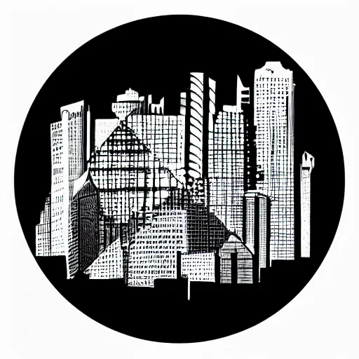 Image similar to a perfect circle where the inside is empty blank space and around the outer edge of the circle is the silhouette of a city skyline, black and white, minimalist, in the style of a charcoal drawing, made by david mellen