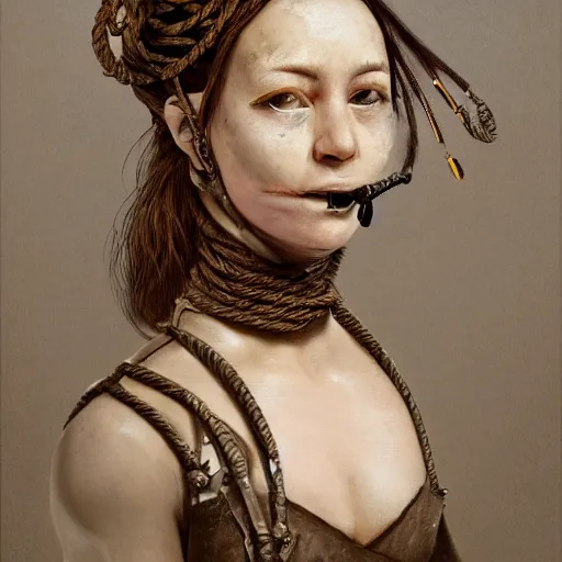 Prompt: portrait of a Shibari rope wrapped around the face and neck of an young female cyborg merchant, mouth wired shut, headshot, insanely nice professional hair style, dramatic hair color, digital painting, of a old 17th century, amber jewels, baroque, ornate clothing, scifi, realistic, hyper detailed, chiaroscuro, concept art, art by Franz Hals and Jon Foster and Ayami Kojima and Amano and Karol Bak,