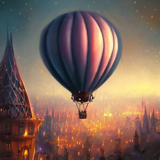 Image similar to a beautiful stunning fantasy whimsical matte digital illustration of a hot - air balloon powered by magic over a lit city at night by marc simonetti, pastel color palette, disney magic the gathering steampunk, chiaroscuro magical bokeh moon stars dramatic romantic, trending on artstation hq, masterpiece