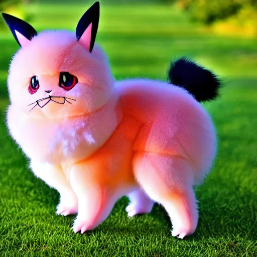 Image similar to real life Pokemon, cute!!!, fluffy!!!, ultra realistic!!!, golden hour, ultra detailed, sharp focus