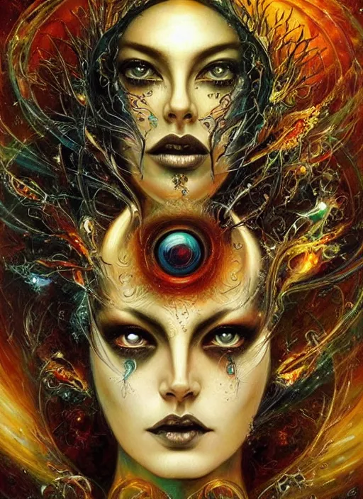 Image similar to magic enlightened cult psychic enchanted woman, painted face, third eye, energetic consciousness psychedelic, epic surrealism expressionism symbolism, perfect, by karol bak, louise dalh - wolfe, masterpiece