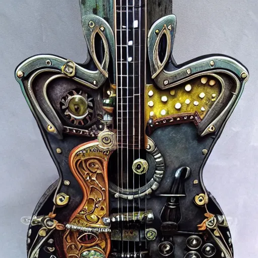 Image similar to photo of an eccentric steampunk electric guitar with ornaments, ultra realistic, mucha, art deco, art nouveau, neo goth, goth, cyberpunk