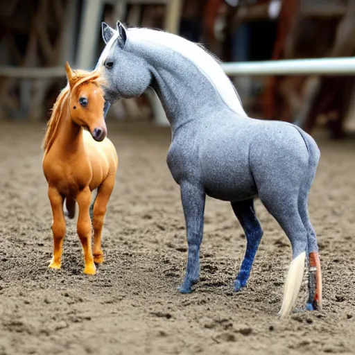 Prompt: the world's smallest horse-pony standing side by side with a shoe-crab, it's amazing how similar they are in size