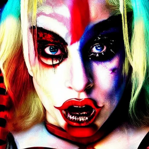 Prompt: an awe inspiring photorealistic movie poster featuring Lady Gaga as Harley Quinn hdr