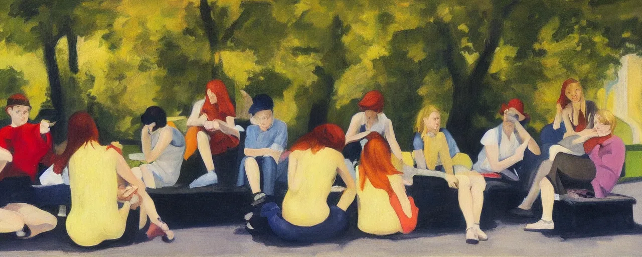 Image similar to an edward hopper style painting of a young generation z group of friends drinking in a park on sundah