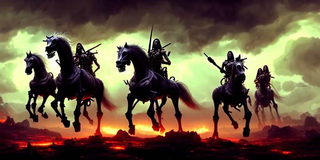 Image similar to ”four horsemen of the apocalypse riding skeleton horses towards the camera [epic, cinematic, scary, intimidating, horror, war, battle, hell, storm clouds, lightning, octane render, 8k, mattepainting, art by wlop and paul lehr and greg rutkowski]”