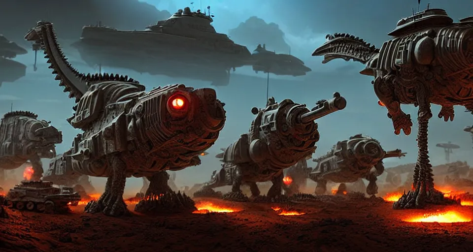 Prompt: pixar running dinosaurs atat googly eyes, military tank fury road iron smelting pits space marines, highly detailed cinematic scifi render of 3 d sculpt of spiked gears of war skulls bucketwheel jabbas palace, military chris foss, john harris, hoover dam'aircraft carrier tower'beeple, warhammer 4 0 k, halo, halo, mass effect