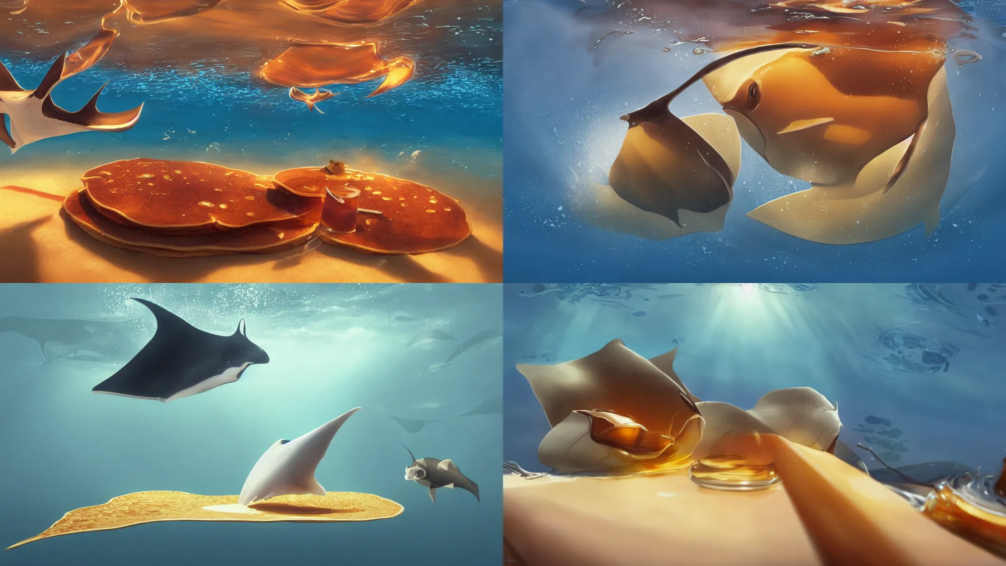Prompt: a pancake manta ray swimming in maple syrup, cute, 4 k, 8 k, golden brown atmospheric ray traced lighting, detailed award - winning beautiful lighting composition, submerged in maple syrup by greg rutkowski, studio ghibli