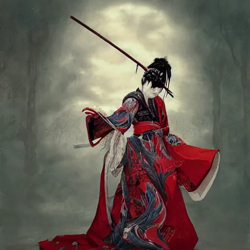 Image similar to an epic portrait of insane kabuki wielding a spear, magical aura of insanity, intricate hakama, poofy red wig, eerie, highly detailed, dark fantasy, art by artgerm and greg rutkowski