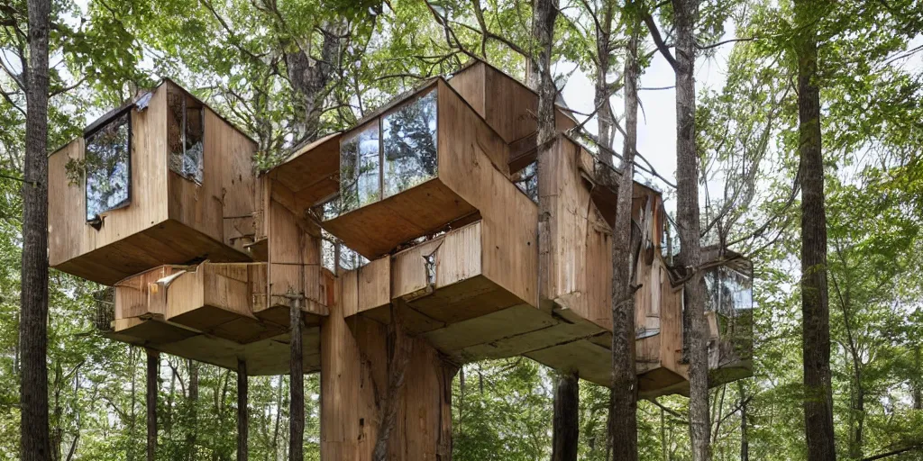 Image similar to sustainable treehouse brutalist architecture