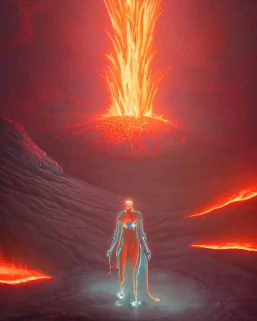 Image similar to highly detailed surreal vfx portrait of a futuristic fire mage in a volcano with lava, stephen bliss, unreal engine, greg rutkowski, loish, rhads, beeple, makoto shinkai and lois van baarle, ilya kuvshinov, rossdraws, tom bagshaw, alphonse mucha, global illumination, detailed and intricate environment