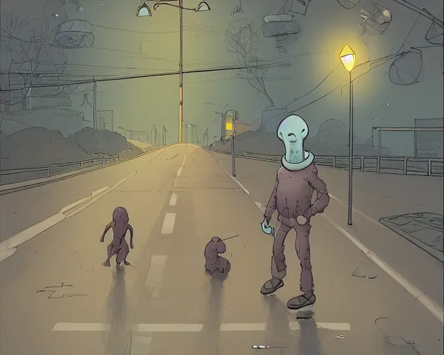 Prompt: a study of cell shaded cartoon of a Grey alien on a country road, street lamps, road, illustration, wide shot, subtle colors, post grunge, concept art by josan gonzales and wlop, by james jean, Victo ngai, David Rubín, Mike Mignola, Laurie Greasley, highly detailed, sharp focus, alien, Trending on Artstation, HQ, deviantart, art by artgem