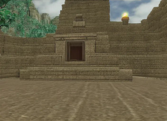 Image similar to a lonely temple next to an ancient city. screenshot of ocarina of time. nintendo 6 4 ( 1 9 9 6 )