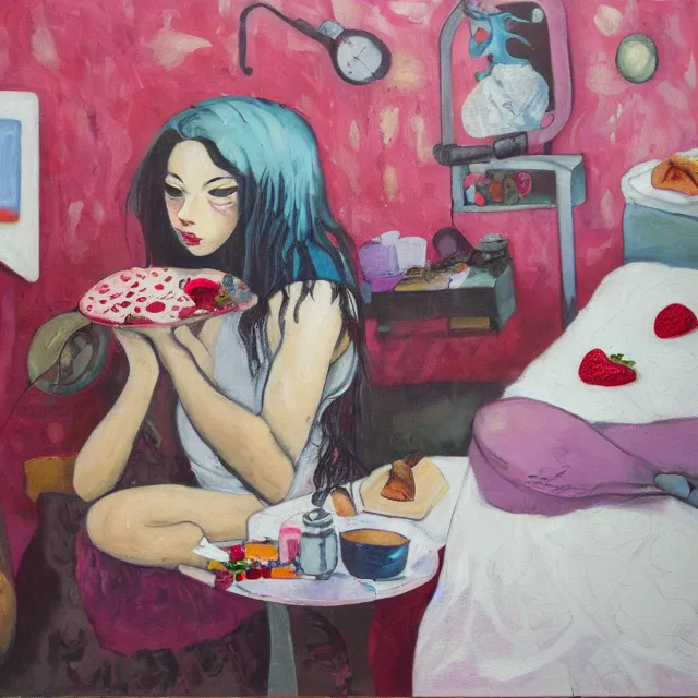 Image similar to a self - portrait in a female artist's bedroom, depressed emo girl eating pancakes, berries, surgical supplies, handmade pottery, flowers, sensual, octopus, neo - expressionism, surrealism, acrylic and spray paint and oilstick on canvas