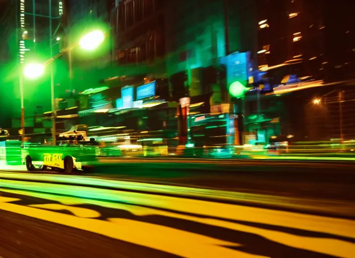 Image similar to a film still of a tonka truck driving in forward direction through a neon green city at night, cinematic