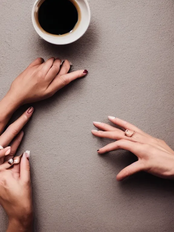 Prompt: an instagram photo of exactly one detailed woman's hand palm up lying on the table, instagram photo, studio photo