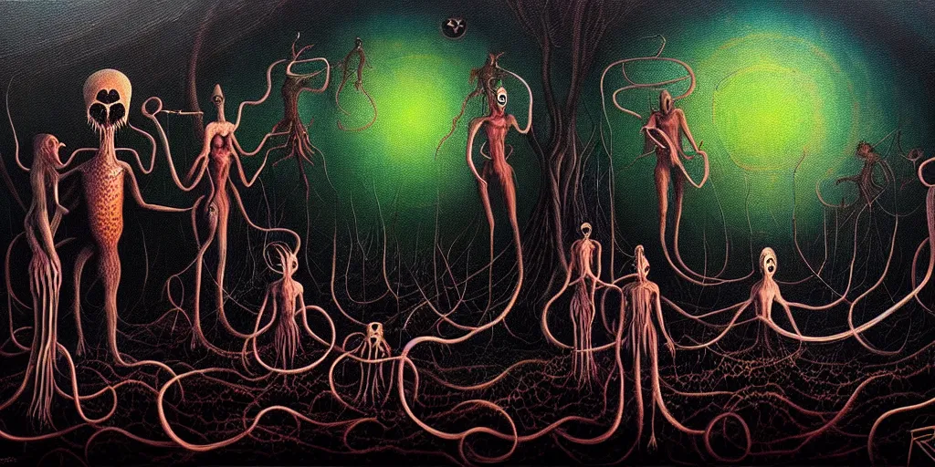 Image similar to creatures lurking in the collective unconscious, in a dark surreal painting by ronny khalil