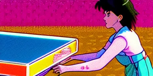 Image similar to girls playing ping pong in california, sprite, vaporwave nostalgia, directed by beat takeshi, visual novel cg, 8 0 s anime vibe, kimagure orange road, maison ikkoku, sketch by osamu tezuka, directed by makoto shinkai and beat takeshi