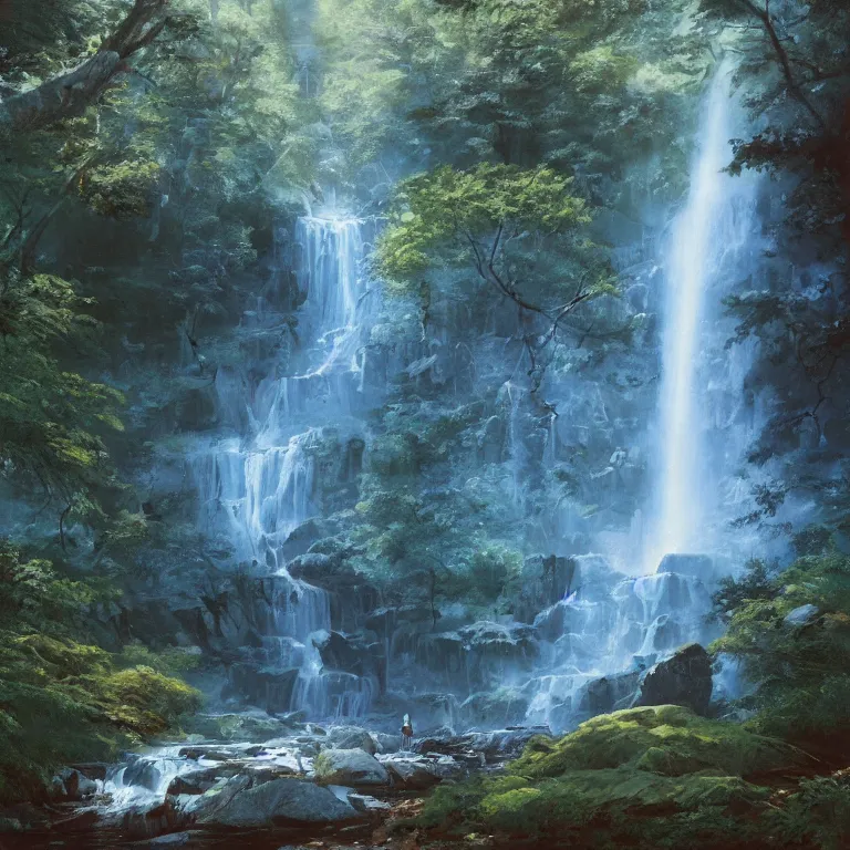 Image similar to A beautiful oil painting of a very tall waterfall on a very rocky cliff, in the middle of a huge forest of trees with bright blue glowing leaves, by Greg Rutkowski