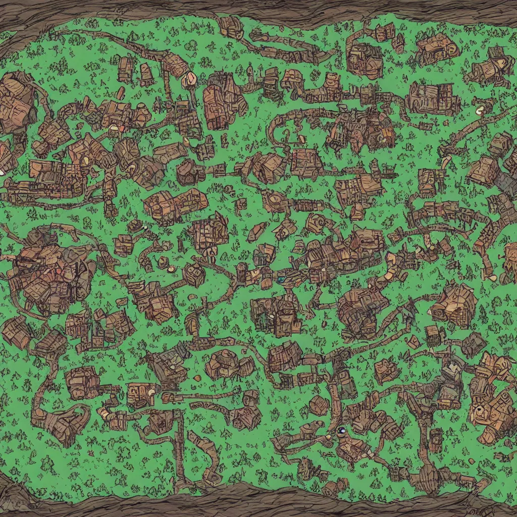 Image similar to bandit camp layout, art by allixander maps, acrylic drawing, fantasy, world, bright, clear, simple, sharpened