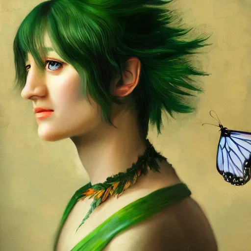 Prompt: A professionaly painted portrait of an archfey with a monarch butterfly theme, green hair that looks like heather, painted by caravaggio, 4k, trending on deviantart, tasteful, bokeh, hyperrealistic, highly detailed, good proportions