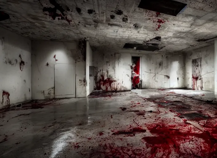 Prompt: dark, abandoned laboratory, puddles of blood on the floor, blood stains on the walls, gruesome, low brightness, cinematic lighting