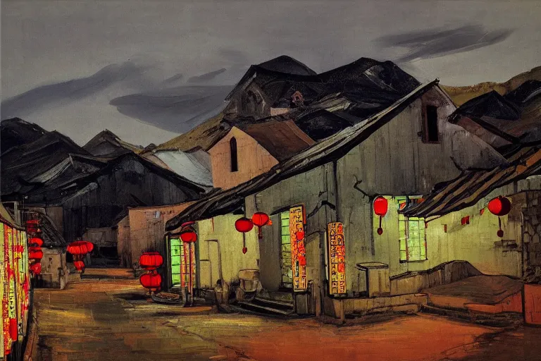 Prompt: landscape of rural village in china with neon lights by liu xiaodong and lucian freud, oil painting, stylized, clean, soft light