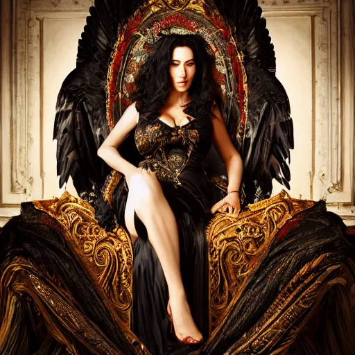 Image similar to majestic gracious regal aristocratic raven haired monica bellucci as the roman - greece vampire pandora portrait, indoors, atmospheric lighting, painted, intricate, volumetric lighting, beautiful, rich deep colours masterpiece, sharp focus, ultra detailed, by leesha hannigan, ross tran, thierry doizon, kai carpenter, ignacio fernandez rios