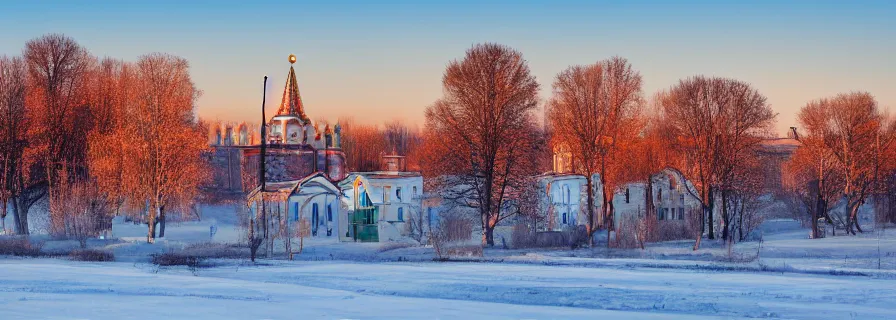 Image similar to view on sleeping district in province russian town at morning sunrise, romantic lighting, squared buildings, trees