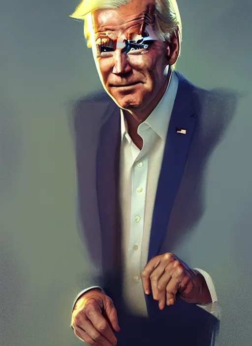 Image similar to half Donald Trump half Joe Biden pure seductive angel, full body portrait, slight smile, diffuse natural sun lights, autumn lights, highly detailed, digital painting, artstation, concept art, sharp focus, illustration, art by wlop and greg rutkowski and alphonse mucha and artgerm